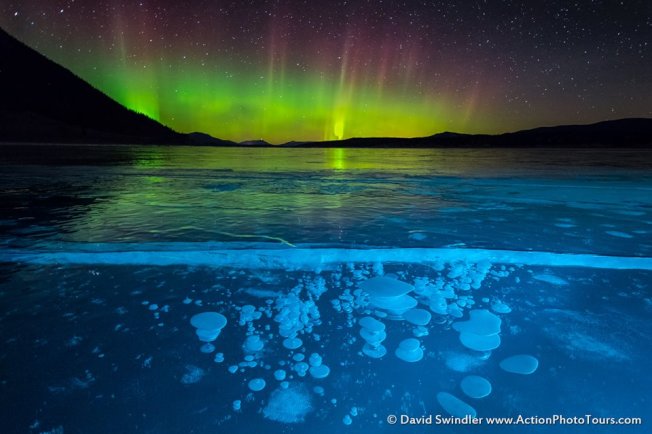 气泡被冰封在湖面下，被极光照映出蓝色光彩。（取材自David Swindler脸书）